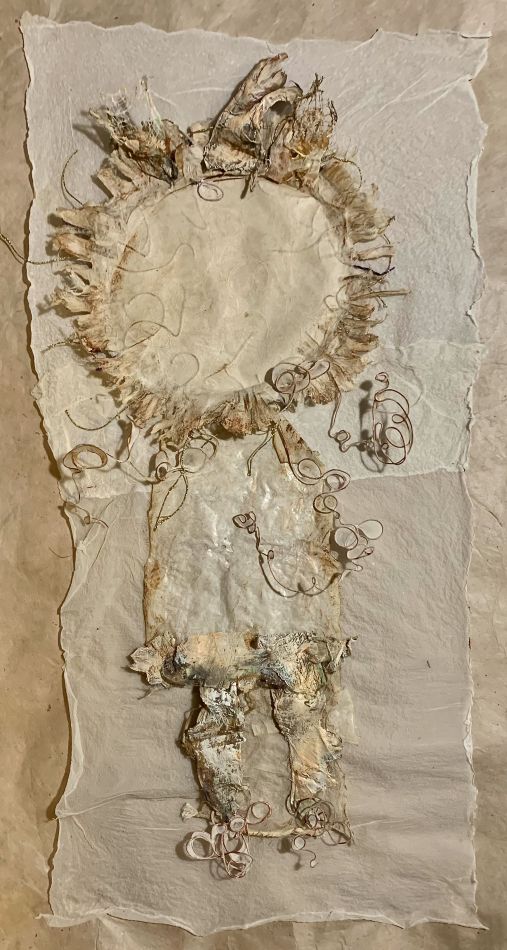 Modern handmade paper with wire  “Girl Next Door” hanging art by Andrea G. Snyder